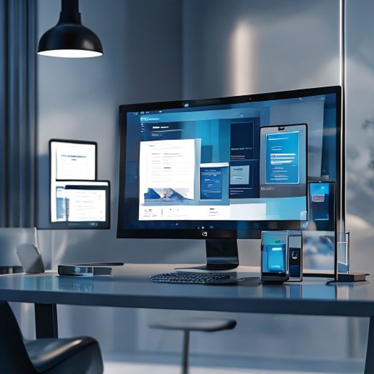 Ilustrasi halaman portofolio jasa website profesional dengan fitur preview interaktif untuk desktop, tablet, dan smartphone dalam satu layar.