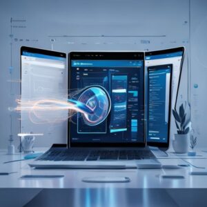 Ilustrasi teknis arsitektur website yang menunjukkan proses smart lazy load iframe pada plugin portofolio Elementor untuk performa tinggi.